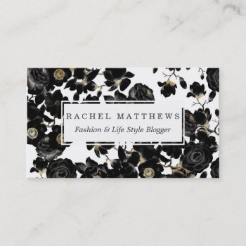 Modern Elegant Black White And Gold Floral Pattern Business Card by BlackStrawberry_Co at Zazzle