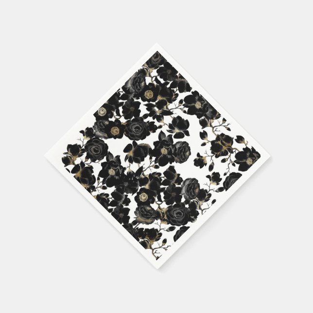 Modern Elegant Black White and Gold Floral Pattern Napkins (Corner)