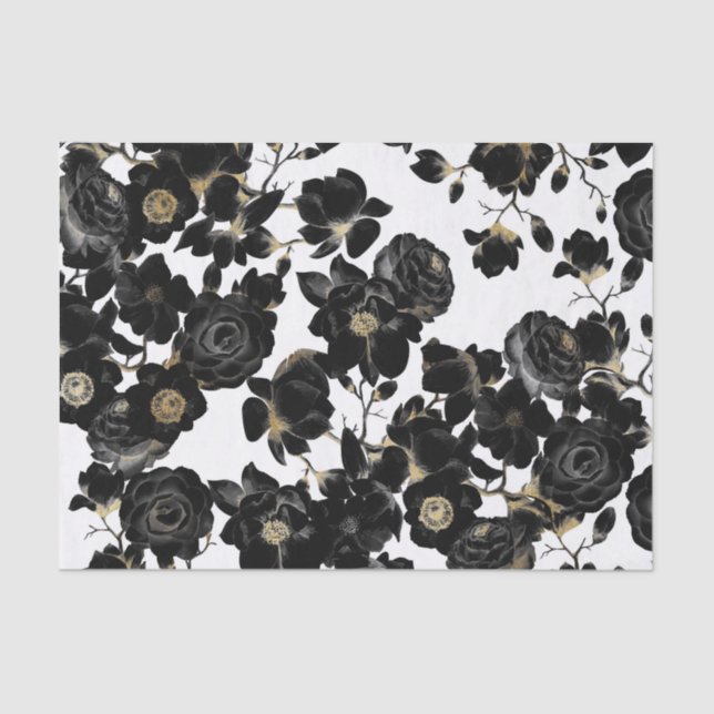 Modern Elegant Black White and Gold Floral Pattern Tissue Paper (Front)