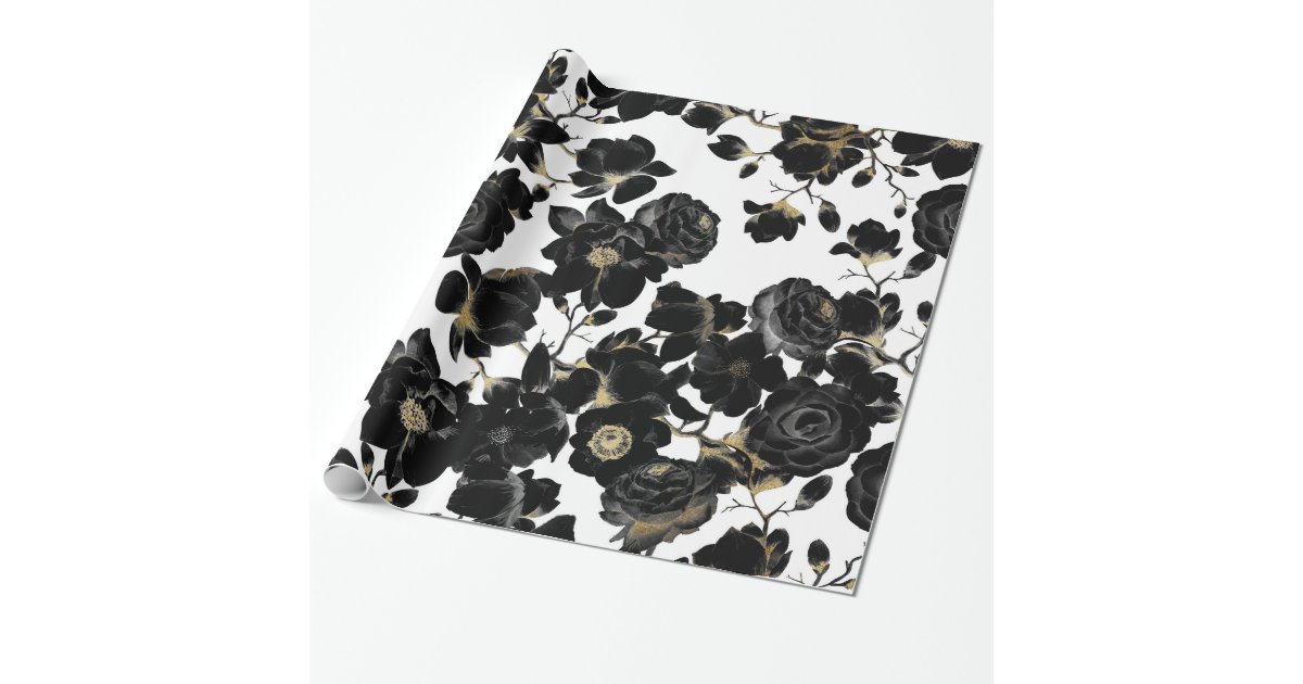 Modern Elegant Black White and Gold Floral Pattern Wrapping Paper, Zazzle