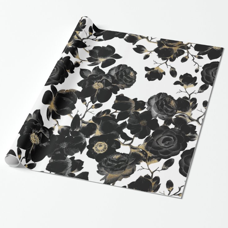 Modern Elegant Black White and Gold Floral Pattern Wrapping Paper | Zazzle