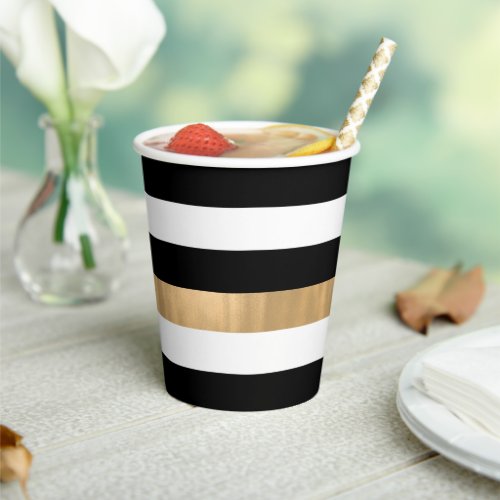 Modern Elegant Black White and Gold Striped Paper Cups