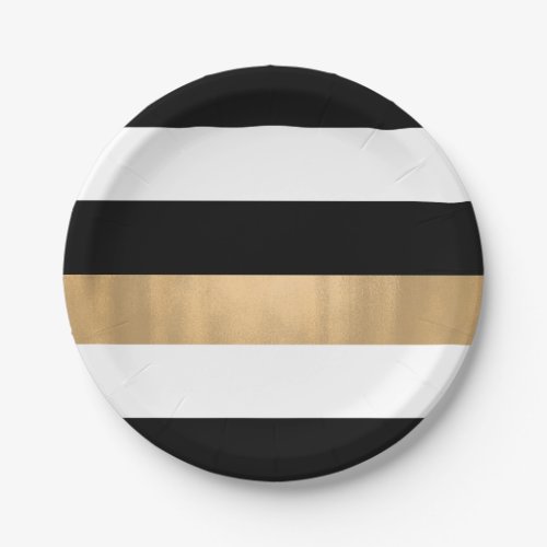 Modern Elegant Black White and Gold Striped Paper Plates