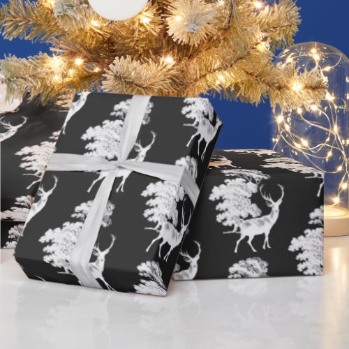 Modern Elegant Black White Deer Woodland Wrapping Paper