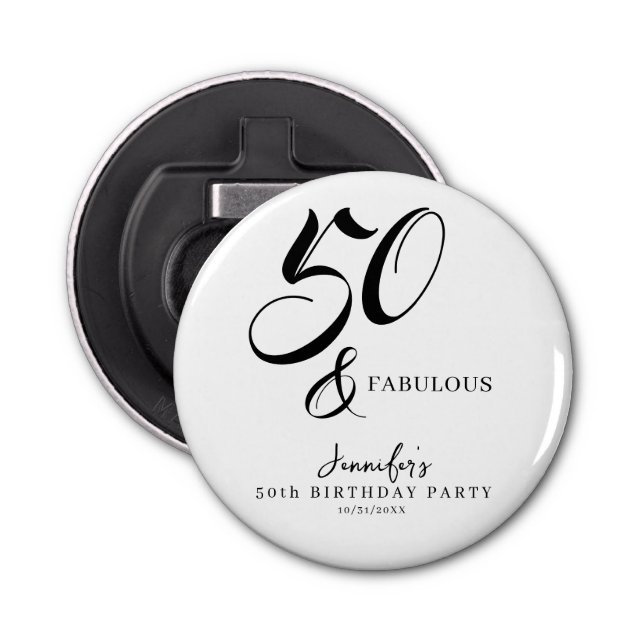 Modern Elegant Black White Fifty Fabulous Birthday Bottle Opener (Front)