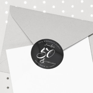 Modern Elegant Black White Fifty Fabulous Birthday Classic Round Sticker