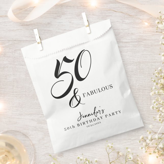 Modern Elegant Black White Fifty Fabulous Birthday Favor Bag (Clipped)