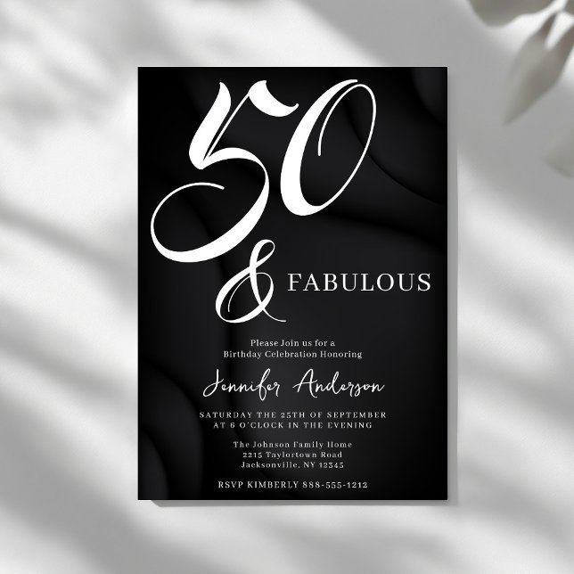 Modern Elegant Black White Fifty Fabulous Birthday Invitation Postcard (Creator Uploaded)