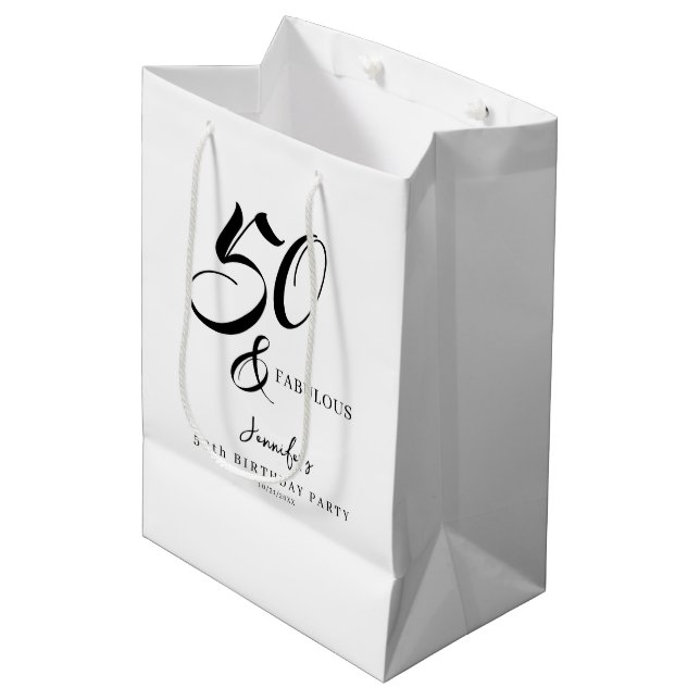 Modern Elegant Black White Fifty Fabulous Birthday Medium Gift Bag (Front Angled)