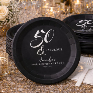 Modern Elegant Black White Fifty Fabulous Birthday Paper Plates