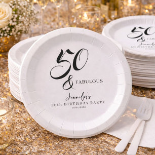 Modern Elegant Black White Fifty Fabulous Birthday Paper Plates