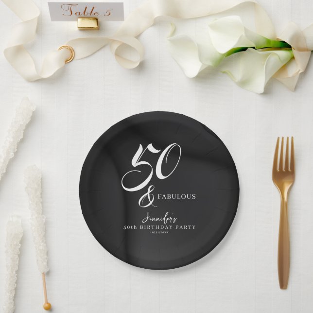 Modern Elegant Black White Fifty Fabulous Birthday Paper Plates (Wedding)