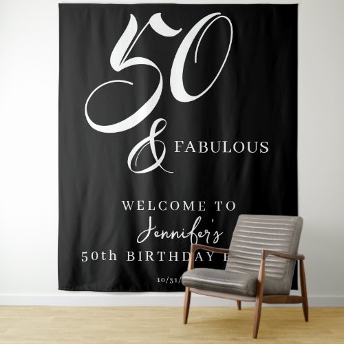 Modern Elegant Black White Fifty Fabulous Birthday