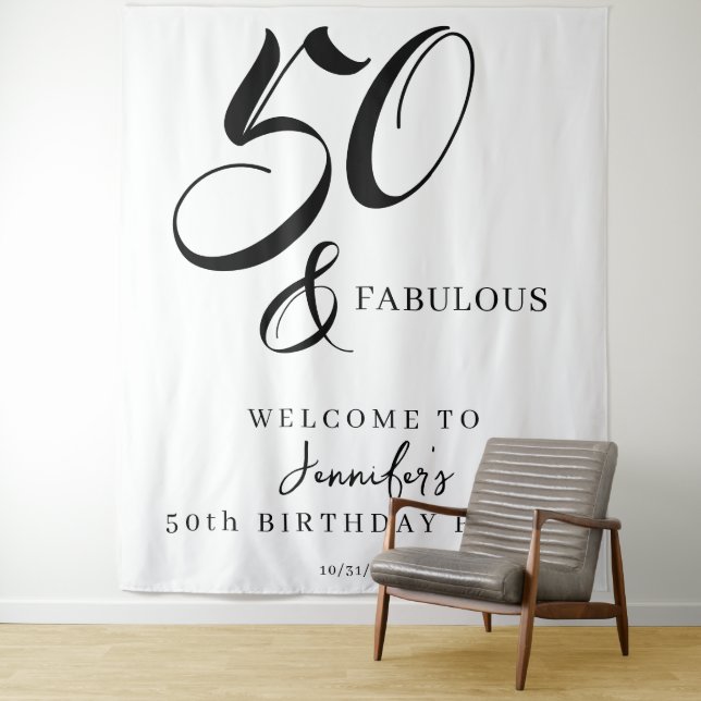 Modern Elegant Black White Fifty Fabulous Birthday Tapestry (In Situ)