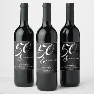 Modern Elegant Black White Fifty Fabulous Birthday Wine Label