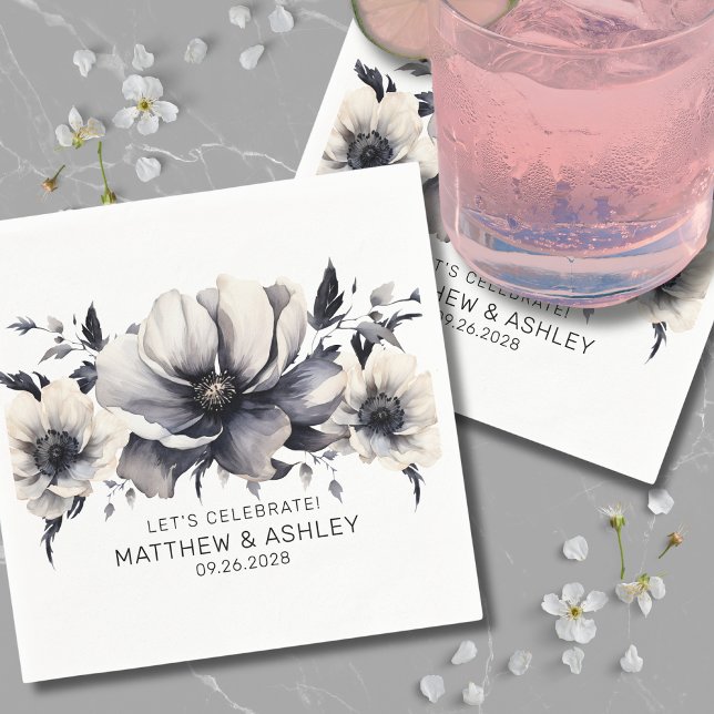 Modern Elegant Black White Floral Wedding Napkins (Stylish Elegant Boho Floral Black White Wedding Napkins)