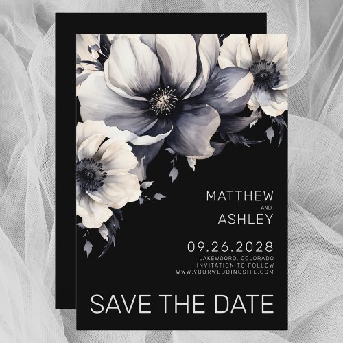 Modern Elegant Black White Floral Wedding Save The Date