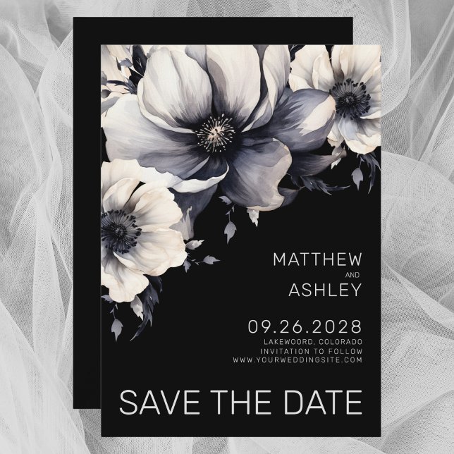 Modern Elegant Black White Floral Wedding Save The Date (Modern Elegant Black White Floral Wedding Save the Date)
