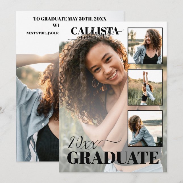 Modern Elegant Black White Four Photo Graduation Announcement (Front/Back)