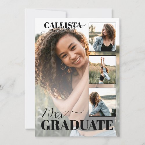 Modern Elegant Black White Four Photo Graduation Announcement