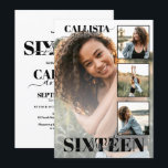 Modern Elegant Black White Four Photo Sweet 16 Invitation<br><div class="desc">This elegant and modern sweet sixteen birthday party invitation is perfect for a trendy and sophisticated girl. It features thick contemporary font with a handwritten signature script typography on top of a white background. On the front of the invitation are four feature photos of the birthday girl, for an added...</div>