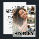 Modern Elegant Black White Four Photo Sweet 16 Invitation<br><div class="desc">This elegant and modern sweet sixteen birthday party invitation is perfect for a trendy and sophisticated girl. It features thick contemporary font with a handwritten signature script typography on top of a white background. On the front of the invitation are four feature photos of the birthday girl, for an added...</div>