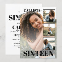 Modern Elegant Black White Four Photo Sweet 16