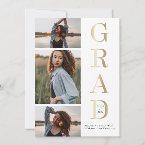 Modern Elegant Black White Gold 3 Photo Graduation Announcement