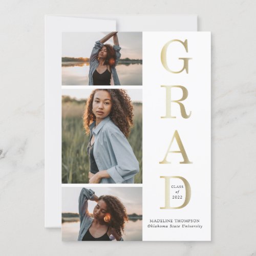 Modern Elegant Black White Gold 3 Photo Graduation Invitation