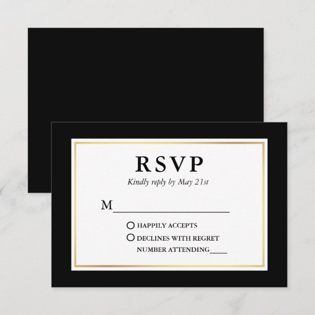 Modern Elegant Black White Gold Frame RSVP Card (Front/Back)