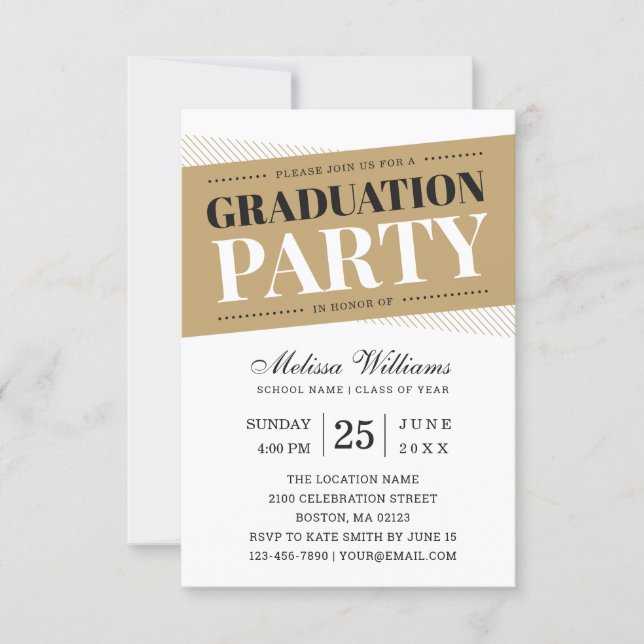Modern Elegant Black White Gold Graduation Party Invitation (Front)