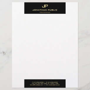 Modern Elegant Black White Gold Monogram Simple Letterhead