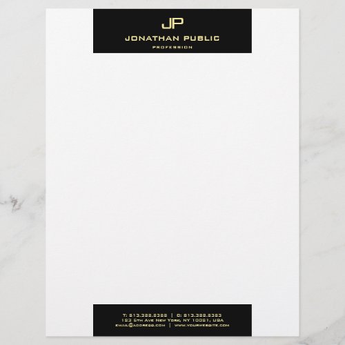 Modern Elegant Black White Gold Monogram Simple Letterhead