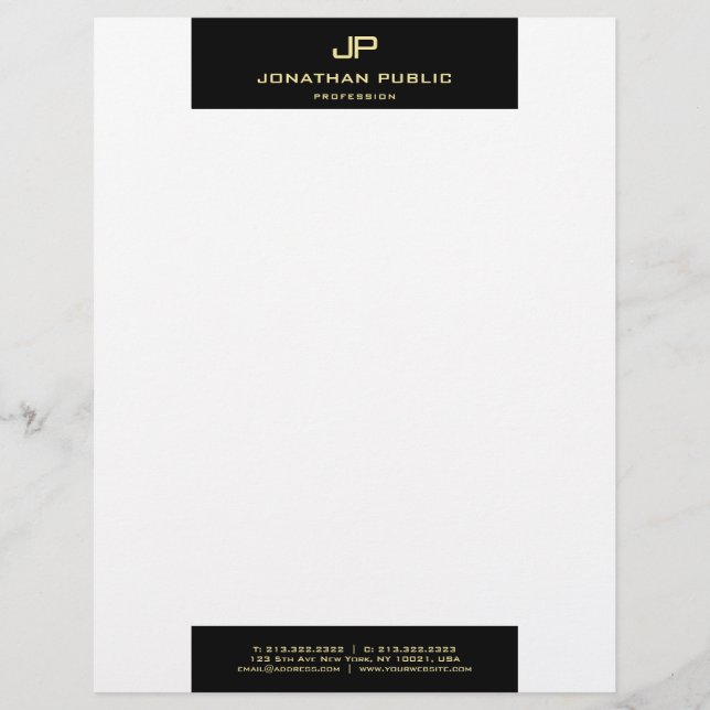 Modern Elegant Black White Gold Monogram Simple Letterhead (Front)