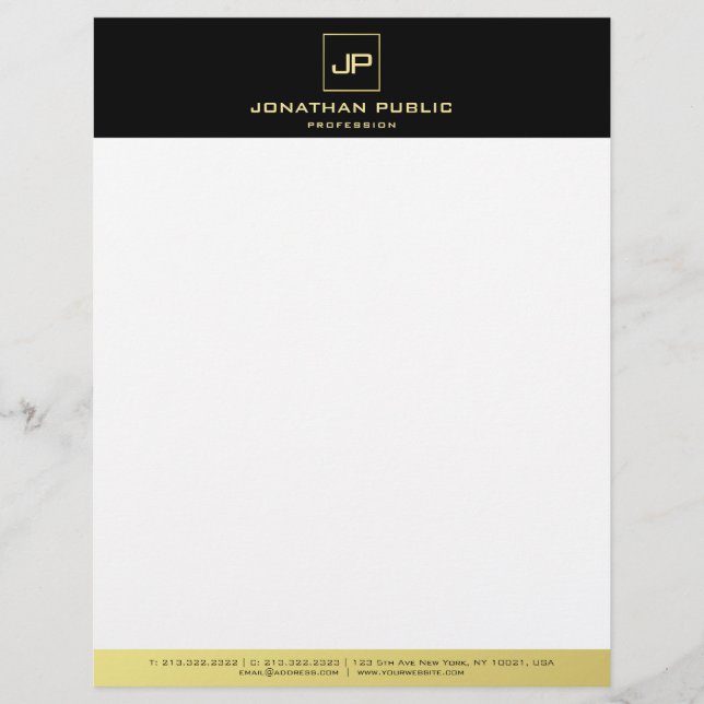 Modern Elegant Black White Gold Monogram Template Letterhead (Front)