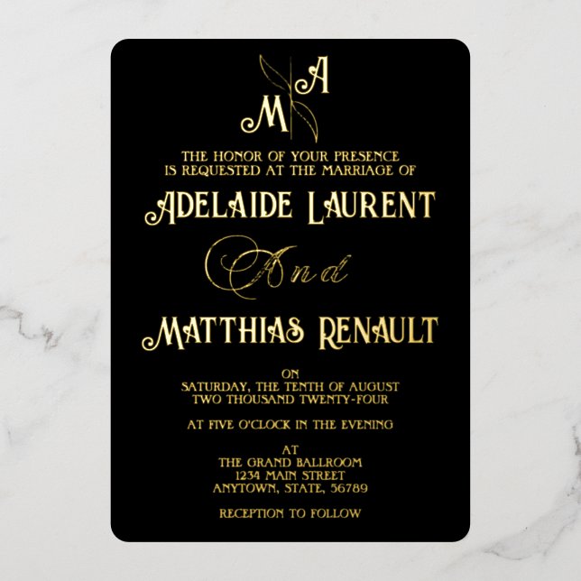Modern Elegant Black & White  Gold Striped Wedding Foil Invitation (Front)