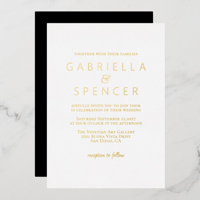 Modern Elegant Black White Gold Wedding  Foil Invitation (Front/Back)