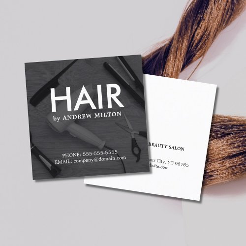 Modern Elegant Black  White Hairdresser Square Business Card