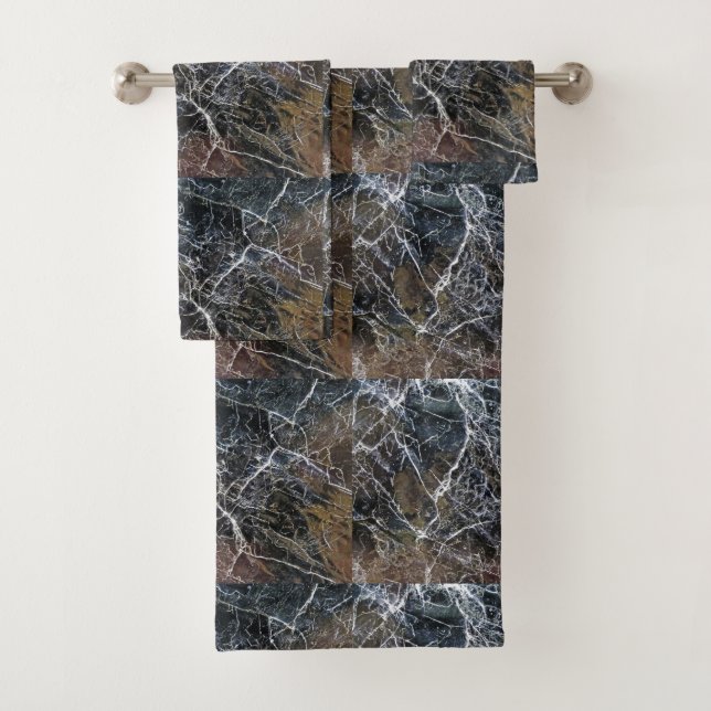 Modern Elegant Black White Marble Gemstone Pattern Bath Towel Set (Insitu)