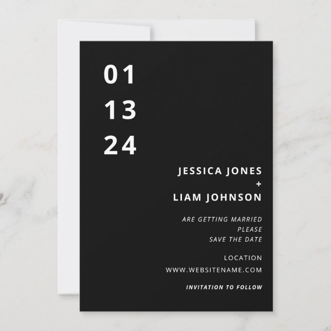 Modern Elegant Black & White Minimalist Wedding Save The Date (Front)