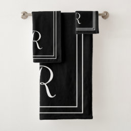 Modern Elegant Black &amp; White Monogram Bath Towel Set