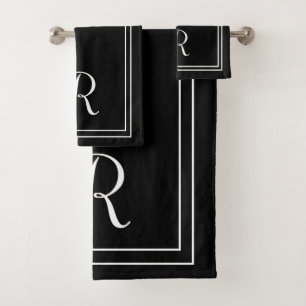 Modern Elegant Black & White Monogram Bath Towel Set