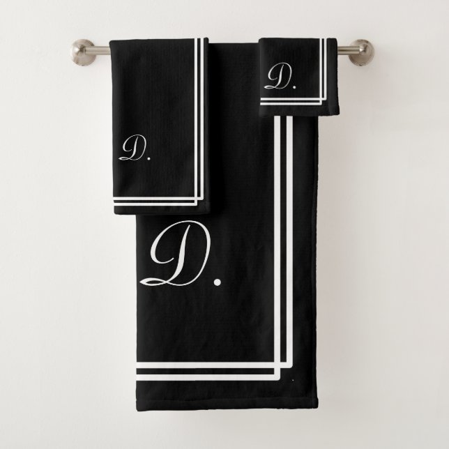 Modern Elegant Black White Monogram Initials Bath Towel Set (Insitu)