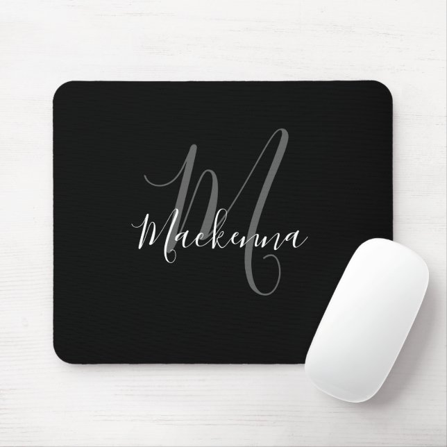 Modern Elegant Black White Monogram Script Girly Mouse Pad (With Mouse)
