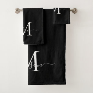 Modern Elegant Black White Monogram Script Name Bath Towel Set