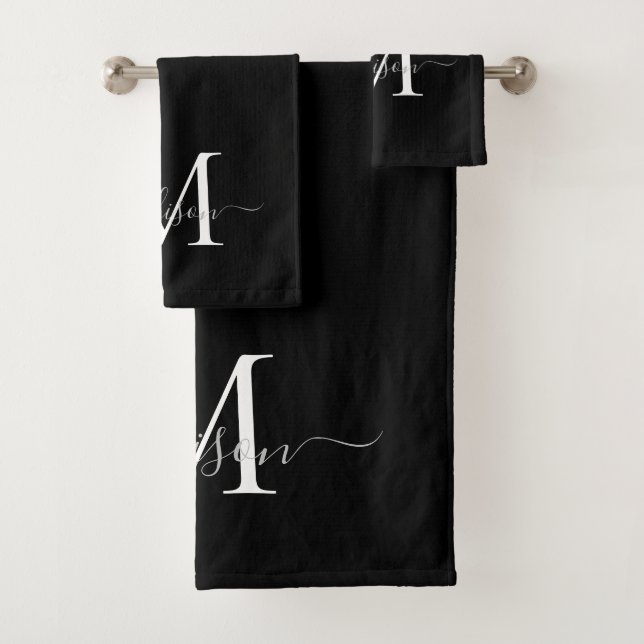 Modern Elegant Black White Monogram Script Name Bath Towel Set (Insitu)