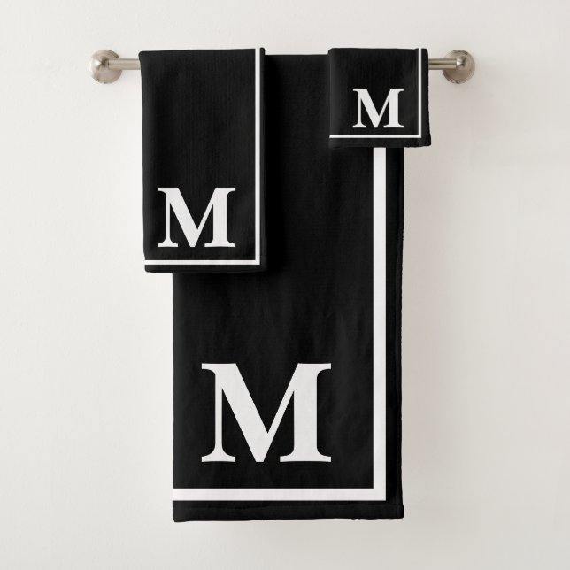 Modern Elegant Black &white Monogram Script Name Bath Towel Set (Insitu)