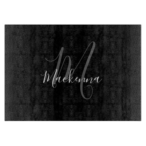 Modern Elegant Black White Monogram Script Name Cutting Board