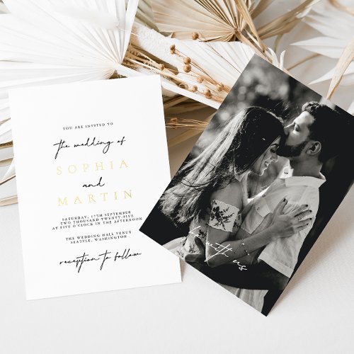 Modern Elegant Black  White Photo Wedding Real Foil Invitation