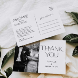 Modern Elegant Black White Photo Wedding Thank you Postcard